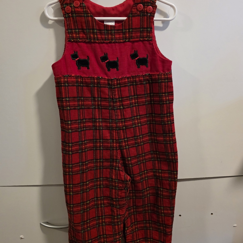 Starting Out Red Plaid Overalls with Dog Embroidery